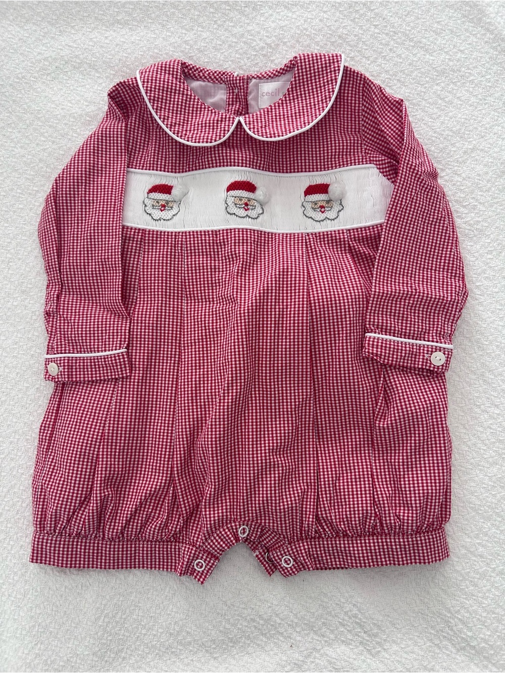 Cecil and Loud Red Gingham Baby Romper with Santa Smocked Panel